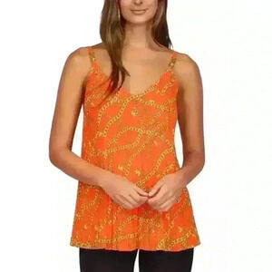 Michael Michael Kors Women's Chain-Print‎ Pleated Tank Top Optic Orange Size XL
